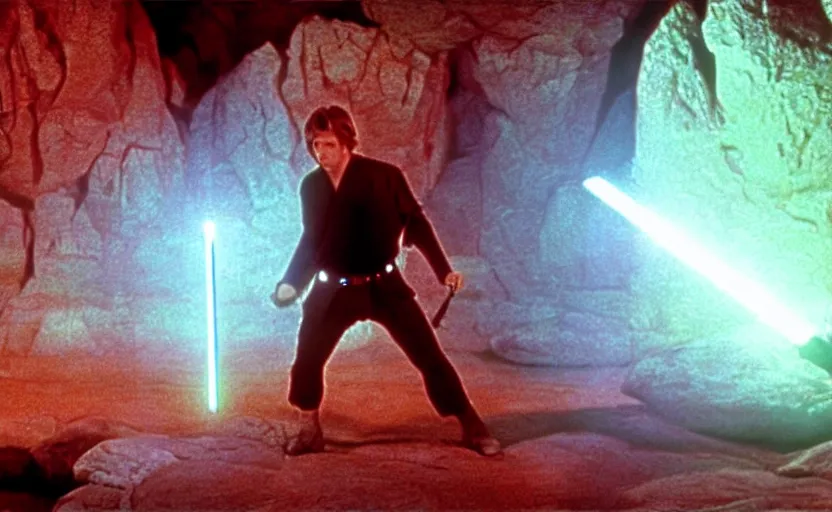 Image similar to screenshot of master Luke Skywalker in a kyber crystal cave, lightning refracting off the red gemstone crystal walls, iconic scene from the 1970s Star Wars film directed by Stanely Kubrick film, color kodak, ektochrome, anamorphic lenses, detailed faces, moody cinematography