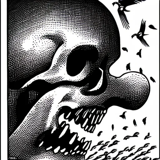 Image similar to black and white comic book illustration of a skull with birds flying out of its mouth