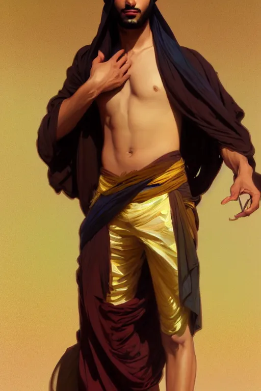 Image similar to full figure beautiful young fit arabic man with dark skin, dressed with multicolored fluent clothes, luminous scene, by greg rutkowski and alphonse mucha, d & d character, gradient white to gold, in front of a dune desert background, highly detailed portrait, digital painting, artstation, concept art, smooth, sharp focus illustration, artstation hq