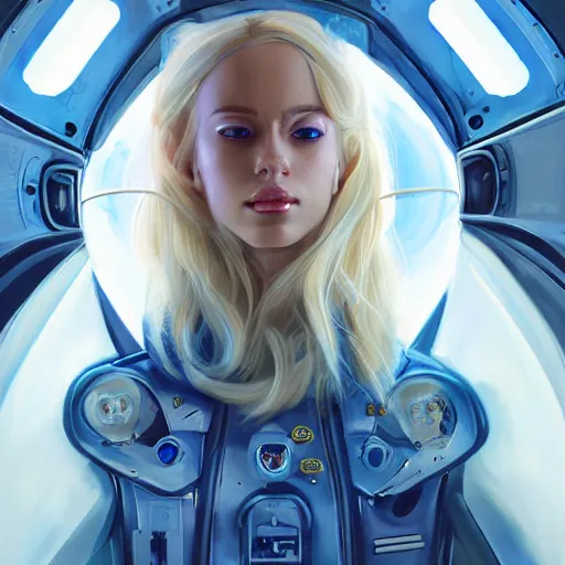 Image similar to portrait futuristic beautiful northern europe Airforce armored pilot Girl, blonde hair, blue eyes, at inside of future fighter aircraft, ssci-fi, fantasy, intricate, very very beautiful, elegant, human anatomy, neon light, highly detailed, digital painting, artstation, concept art, soft light, smooth, sharp focus, illustration, art by tian zi and WLOP and alphonse mucha