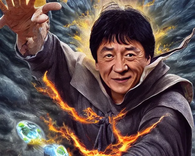 Image similar to jackie chan as an earth mage casting an earth magic spell, fantasy art, d & d, extremely detailed, high quality, award - winning,