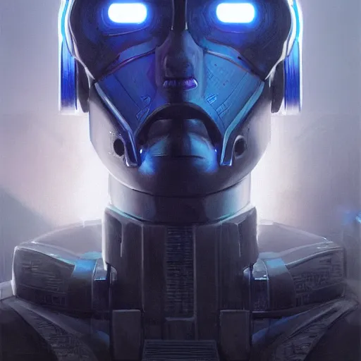 Prompt: robot with glowing blue single line visor as a realistic scifi cyberpunk knight, closeup portrait art by donato giancola and greg rutkowski, realistic face, digital art, trending on artstation, symmetry!!!