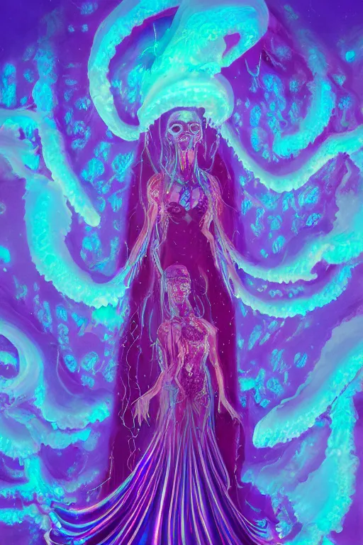 Prompt: woman in azure bioluminescent jellyfish dress standing in art deco doorway to hell sliced by a iridescent glass cracks shattering the sky, crimson clouds background, Mohrbacher style , 6 billion demons style, 8k, artstation trending, high detail, vollumetric lighting, soft lighting