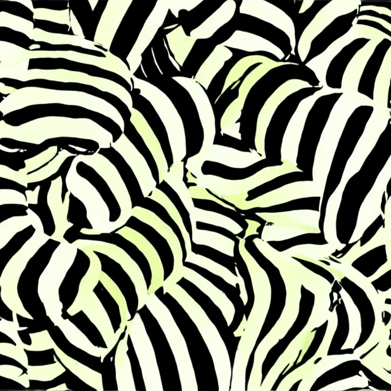 Prompt: bananas by andy warhol emerging from illusory motion dazzle camouflage perlin noise optical illusion