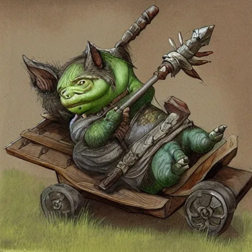 Prompt: painting of chubby goblin riding in a slapdash wooden cart holding a lance, fantasy art, magic : the gathering art, by diterlizzi