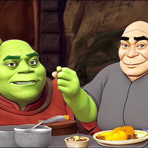 Prompt: uncle iroh having lunch with shrek, candid photo