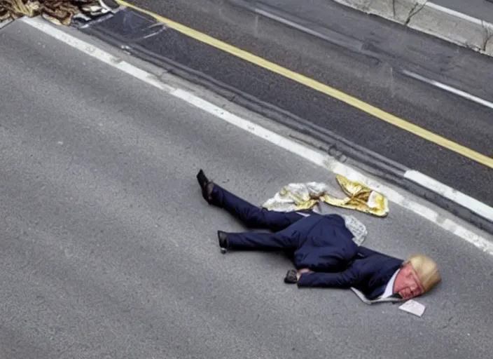 Prompt: donald trump sleeping in the middle of a busy highway