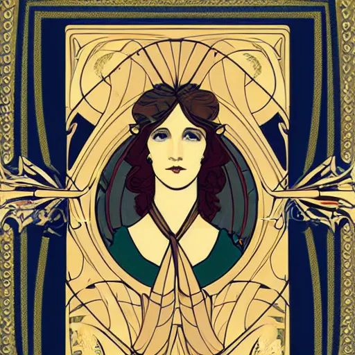 Image similar to art nouveau poster portrait of a woman, in the style of Mucha, on a detailed geometric art nouveau background design