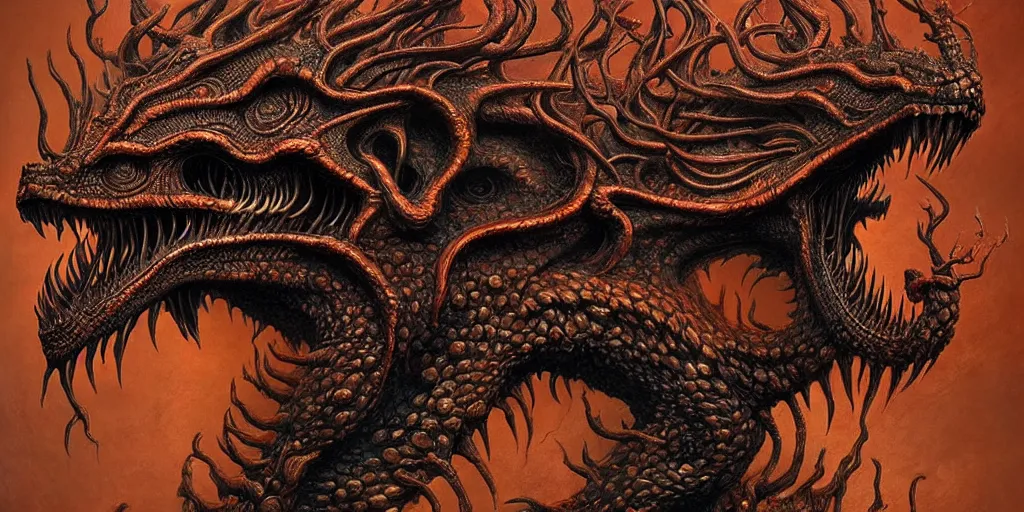 Image similar to nine chthonic spirit of dragon heads as hydra art by Daniel Dos Santos, Beksinski, Giger, intricate colourfully painted carved wood paneling, dark souls, ivory and copper , artstation