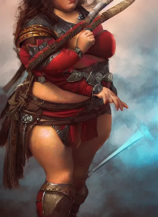 Image similar to hyper realistic photo of medieval chubby beautiful warrior girl, full body, rule of thirds, conceptart, saturated colors, brom, artstation, cgsociety