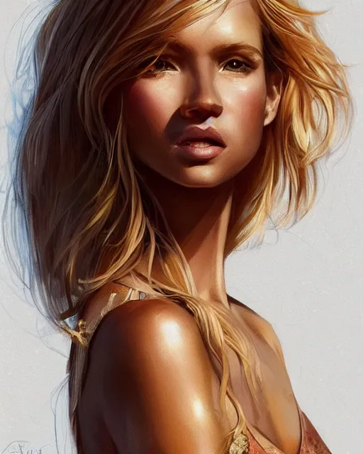 Image similar to summer vibes, beautiful sun tanned woman portrait, flowy golden hair, sun, summer, cinematic lighting, highly detailed, digital painting, trending on artstation, pixiv, concept art, sharp focus, illustration, art by ross tran and wlop