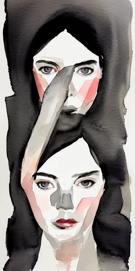 Image similar to beautiful face woman, symmetrical, grey, colorless and silent, watercolor portraits by Luke Rueda Studios and David downton