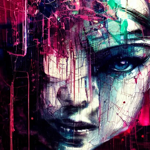 Prompt: i live in cyber dreams, glitchcore wires, machines, by jeremy mann, francis bacon and agnes cecile, and dave mckean ink drips, paint smears, digital glitches glitchart