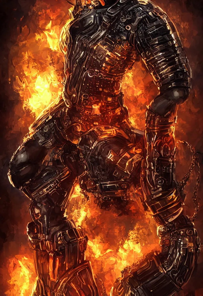 Prompt: a portrait of a wakandan warrior in a steampunk style armor as a demon in a fiery hell, eerie, dark, fantasy, trending on ar, digital art.