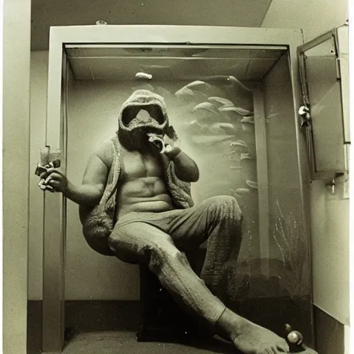 Image similar to a man in a fishtank dressed as a fish, reclining and smoking