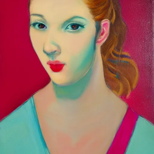 Prompt: romantic painted portrait of a modern woman. has a bit of cyan and pink. masterpiece