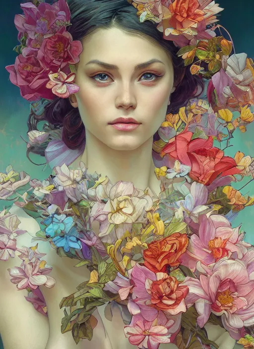 Image similar to Gardenia flowers, colorful, psychedelic, intricate, elegant, highly detailed, digital painting, artstation, concept art, smooth, sharp focus, illustration, art by artgerm and greg rutkowski and alphonse mucha