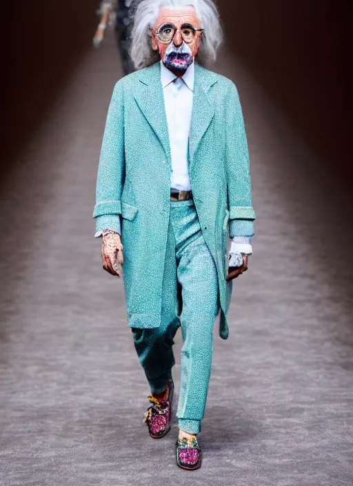 Image similar to hyperrealistic and heavy detailed gucci runway show of albert einstein, leica sl 2 5 0 mm, vivid color, high quality, high textured, real life