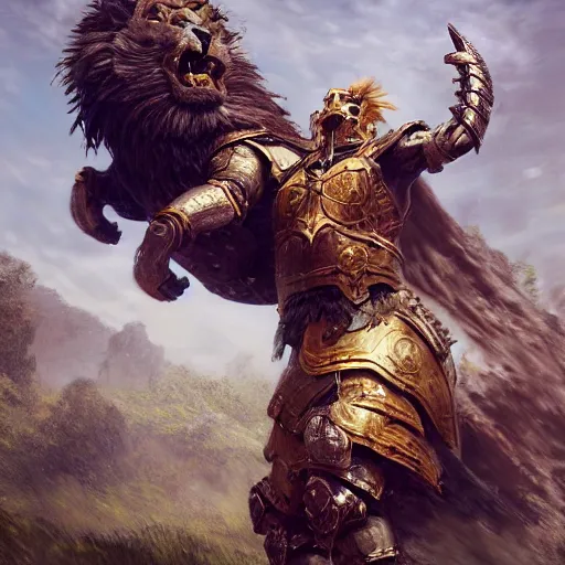 Image similar to a warrior riding on an armored lion, au naturel, hyper detailed, digital art, trending in artstation, cinematic lighting, studio quality, smooth render, unreal engine 5 rendered, octane rendered, art style by klimt and nixeu and ian sprigger and wlop and krenz cushart