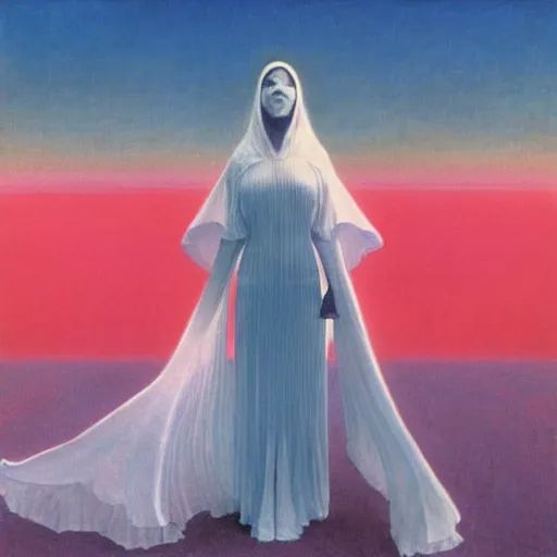 Image similar to a woman with a white dress in a white city, clear blue sky, pink floyd album cover, 1 9 7 0's, by beksinski, bruegel, greg rutkowski, alphonse mucha, and yoshitaka amano, colorful flat surreal design, hd, 8 k, artstation