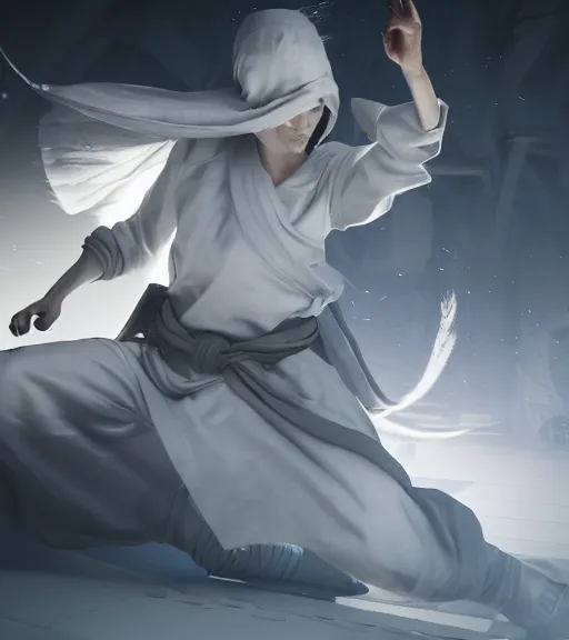 Image similar to a female monk dressed in white tapered clothes controlling the spirits around her, octane render, character art, fighting pose, action pose, digital art, trending on artstation, 8k, epic composition, highly detailed, sharp focus