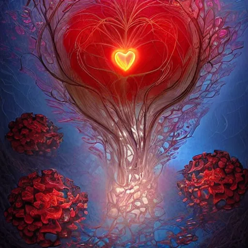 Image similar to a beautiful but creepy and haunting flower with a glowing red heart, growing deep under the sea. Digital art, detailed and intricate, beautiful, haunting