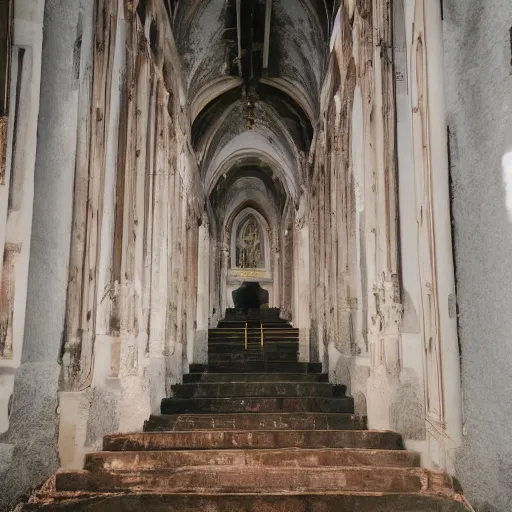 Prompt: A stunningly beautiful award-winning 8K dutch angle cinematic movie photograph looking up a staircase toward the room of the first female Catholic priest possessed by a demon. perfect composition, moody low key. Color palette from Seven, greens yellows and reds. 2 point perspective. Octane render