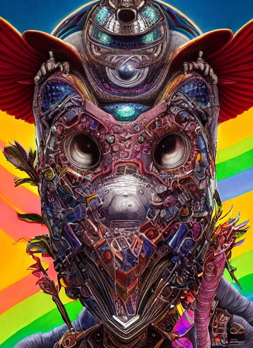 Image similar to cyber parrot downtown cn tower mf doom reptile eyes, rainbow metal feathers, intricate, elegant, highly detailed, centered, digital painting, artstation, concept art, smooth, sharp focus, illustration, artgerm, tomasz alen kopera, peter mohrbacher, donato giancola, joseph christian leyendecker, wlop, frank frazetta