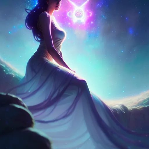 Image similar to celestial goddess, beautiful girl, galactic throne, in a galaxy, realistic, stephen bliss, unreal engine, by greg rutkowski, loish, rhads, makoto shinkai and lois van baarle, ilya kuvshinov, rossdraws, octane rendered, unreal engine, illustration, trending on artstation, masterpiece, 8 k