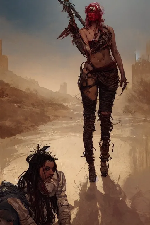 Image similar to a full body portrait of a beautiful post apocalyptic offworld butchers district bedouin blind pulp fiction scarlet wild rogue barbarian leper begging by the roadside, intricate, elegant, highly detailed, digital painting, artstation, concept art, smooth, sharp focus, illustration, art by krenz cushart and artem demura and alphonse mucha