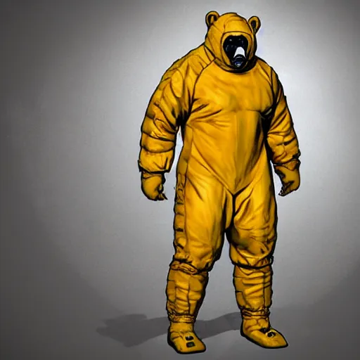 Image similar to portrait of full body bear beast-man wearing a hazmat suit, digital art, concept art, highly detailed, sharp focus