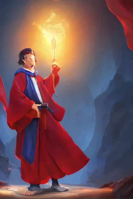 Prompt: Picture of handsome young wizard, Red and blue robes, short dark blue hair, book in hand, no hat, casting pose, artstationHQ, artstationHD, trending in artstation, gelbooru, high fantasy, matte painting, colorful