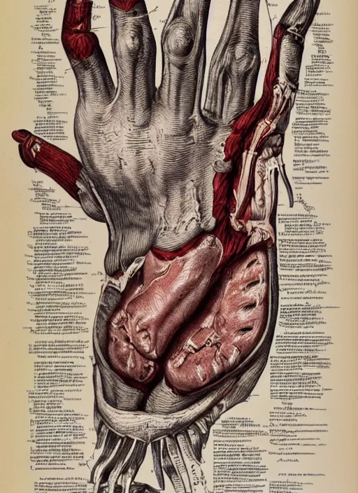 Image similar to vintage medical anatomical illustration of freddy krueger's glove, highly detailed, labels, intricate writing