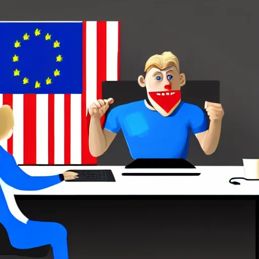 Prompt: european union eu hybrid influencer on blue shirt sitting on chair with eu flag on computer playing games on led keyboard and gaming mouse in style of American propaganda poster, big nosed, eu flag, european union flag, dark and gloom, extremely detailed oil painting, open room, highly detailed, trending on artstation, concept art, sharp focus, illustration, art by artgerm and greg rutkowski and magali villeneuve