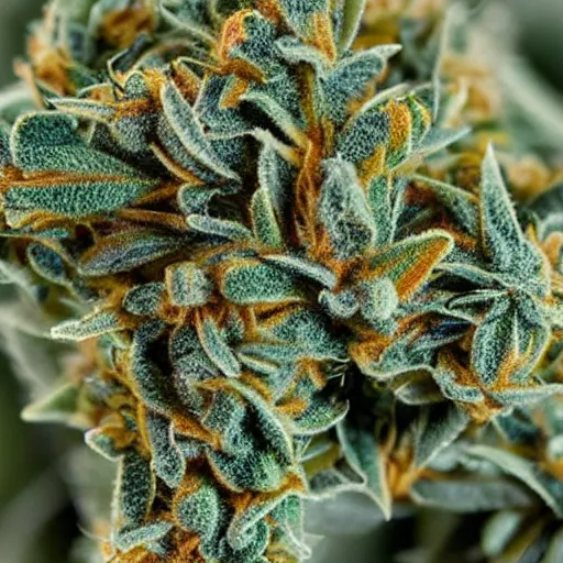 Image similar to marijuana flower with buds covered in trichomes, close - up highly - detailed