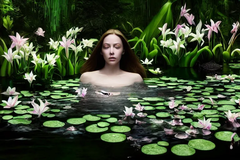 Image similar to hyperrealistic cinematic 3 d scene of a woman's porcelain face floating in a pond, surrounded by a forrest of lillies, deep focus, intricate, elegant, highly detailed, matte, sharp focus, by bill henson and gregory crewdson and james jean and daniel arsham
