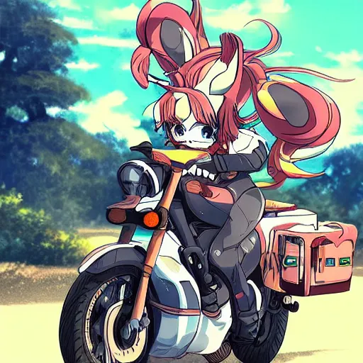 Image similar to a bunny riding a motorcycle, anime, detailed, kawaii