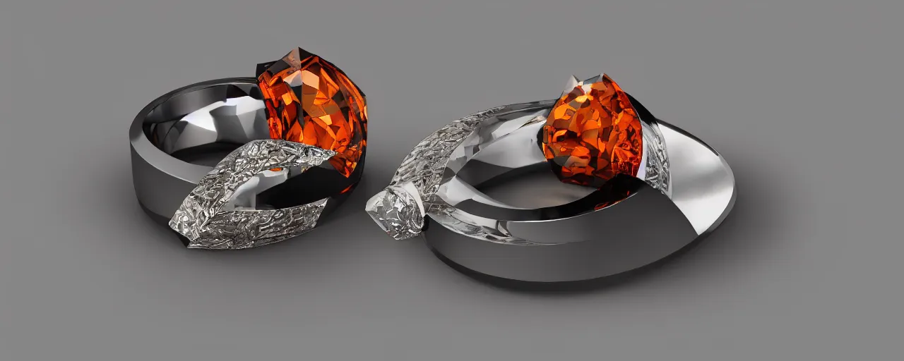 Image similar to simple black tungsten magic crystal ring, radiant cut, fire, orange, smooth shank, crystal, engravings, diamonds, product design, jewelry, colorful, art by gerald brom, greg rutkowski and artgerm, photo realism, unreal engine, c 4 d