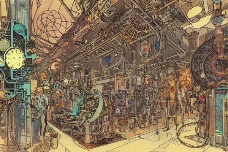 Image similar to front view on steampunk lab with big vapor tubes and alchemy equipment, mad scientist working, giant video screens, sci - fi vending machine, big plants, clock, retrofuturism, concept art by mucha and moebius and victo ngai, clean line, diesel punk