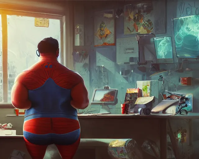 Image similar to an insanely detailed painting of a slightly chubby, nerdy asian man wearing a superhero costume, sitting at a desk, staring at the nervously at the computer and typing, in the style of peter mohrbacher, dramatic lighting and composition, octane render, pixar, trending on artstation, concept art, comic book, view from behind