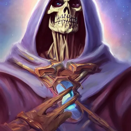 Image similar to portrait painting of skeletor, dnd beyond avatar portraits, beautiful, artistic, elegant, lens flare, magical, nature, realism, stylized, art by jeff easley and genndy tartakovsky