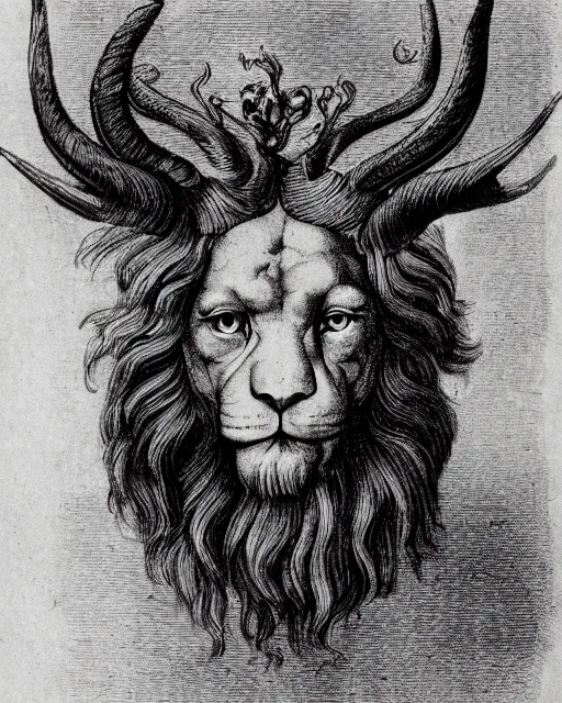 Image similar to a creature, human eyes, eagle beak, lion mane, two horns on the head, drawn by da vinci