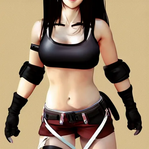 Image similar to high quality art of tifa lockhart with muscled abs, trending on artstation