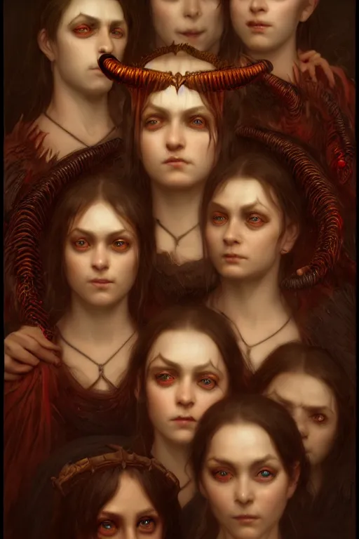 Prompt: a horrific demonic portrait of Satan and his concubines , white eyes, bored, illustration, soft lighting, soft details, painting oil on canvas by Edmund Blair Leighton and Charlie Bowater octane render, HDR, trending on artstation, 4k, 8k, HD