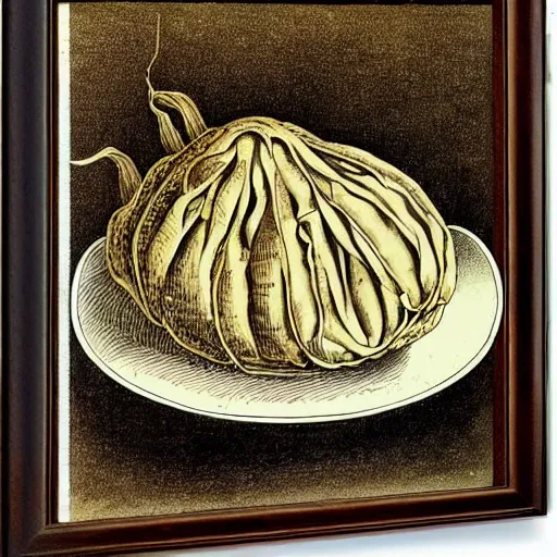 Image similar to anatomical diagram of oryza sativa, next to a bowl of rice, sepia, faded, ink, by maria sibylla merian