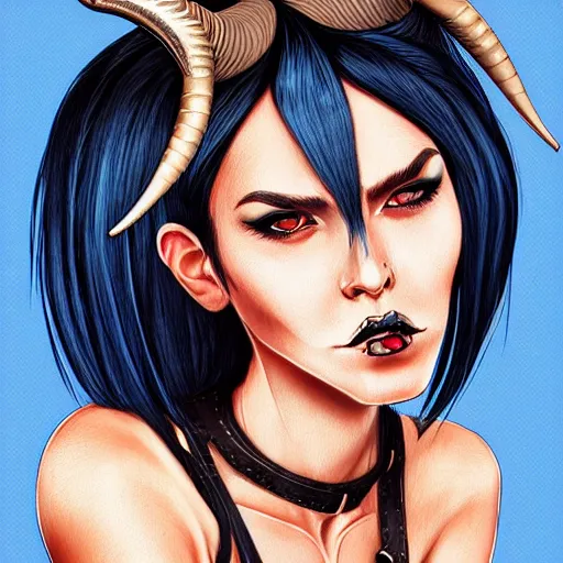 Image similar to illustrated realistic portrait of prong-horned devil woman with blue bob hairstyle and her tan colored skin and with solid black eyes wearing leather by rossdraws