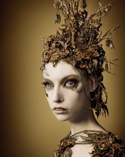 Image similar to a portrait of female by stefan geselle and nekro borja, photorealistic, intricate details, hyper realistic, fantasy, elegant, baroque metal gold headpiece, photorealistic, canon r 3, photography, wide shot, symmetrical features, wide angle shot, head to toe, standing pose, feet on the ground, wearable art