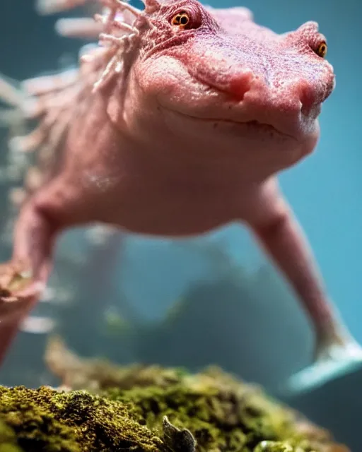 Image similar to a closeup shot of a proud axolotl amphibian creature standing up triumphantly against the nature, amphibian standing in a defiant and dignified manner, dramatic lighting, cinematic, extremely high detail, photorealistic, cinematic lighting, trending on ArtStationHQ, DSLR, Nikon