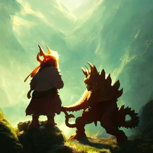 Image similar to a dwarf and a dragon drinking a beer | fantasy art | gapmoe kuudere moody lighting stunning bokeh highlights sharp contrast | trending pixiv fanbox | by greg rutkowski makoto shinkai takashi takeuchi studio ghibli