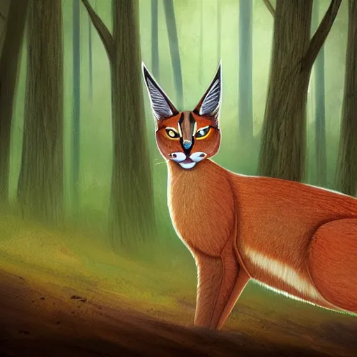 Prompt: photo of a cate caracal in the woods ilustration, concept art, sharp focus, ArtStation